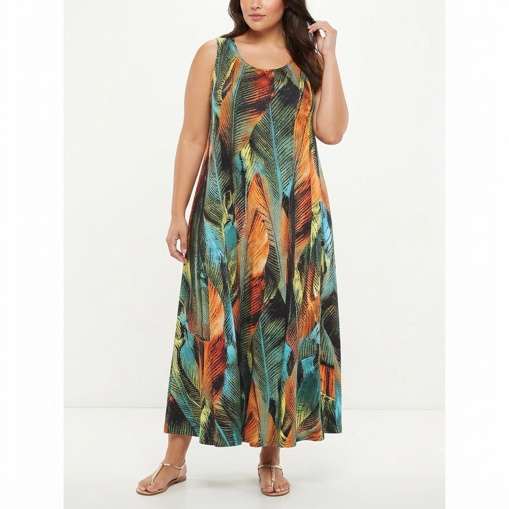 Denim 24/7 Dress 18 20 Large Womens Tropical Feather Print Rayon Sleeveless Maxi